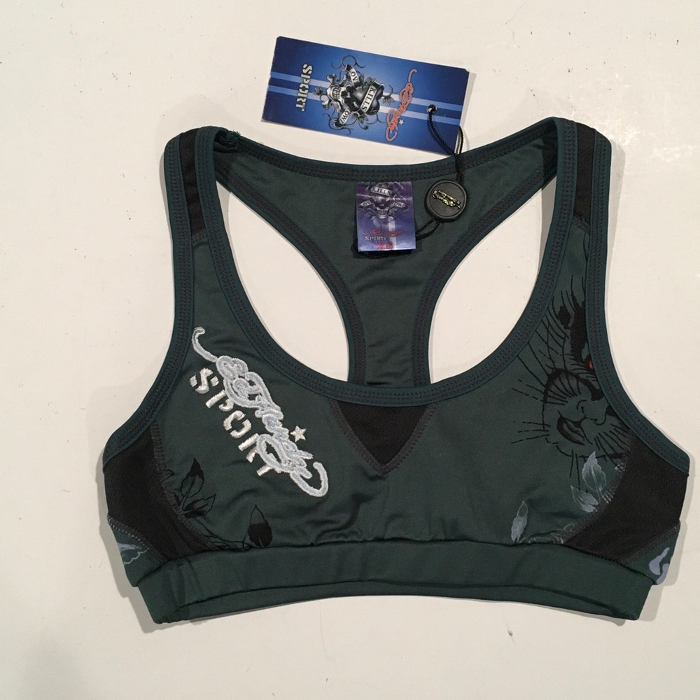 ED HARDY SPORT Green Women’s Sports Bra, with print and embroidery, Size XS, NWT
